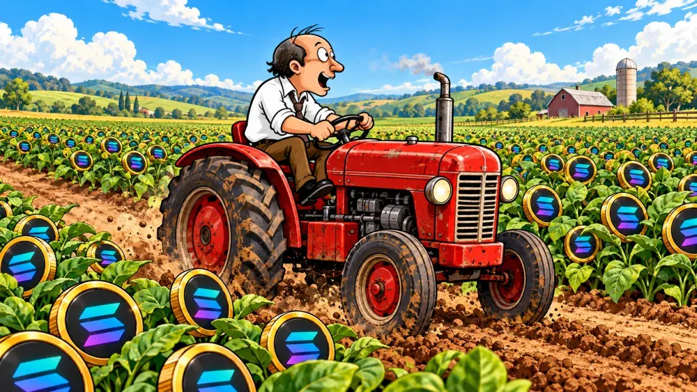 Cartoon farmer on a red tractor harvesting a field full of Solana coin bags