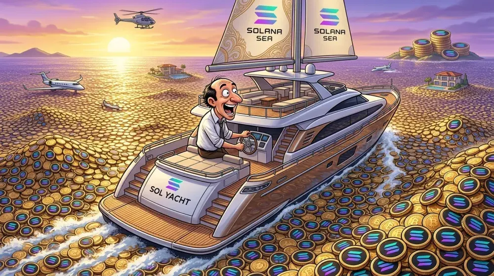 Cartoon miner climbing Solana Mountain with a rope while gold coins fall
